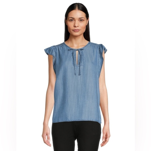 NWT Time & Tru Sleeveless Chambray Denim Keyhole Top Loose Fit Size Small - Picture 2 of 8